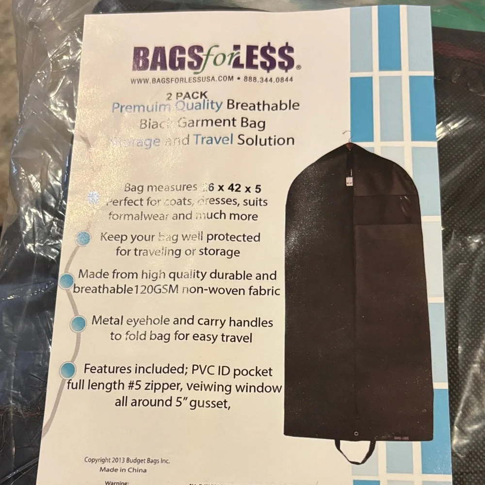 Bags for Less Black Garment Travel Bag 2Pk NWT